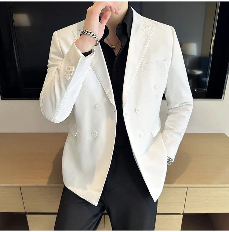 Autumn High-quality Double Breasted Slim Fit Suit Jacket Men Versatile Casual Business Blazer Wedding Social Banquet Formal Coat