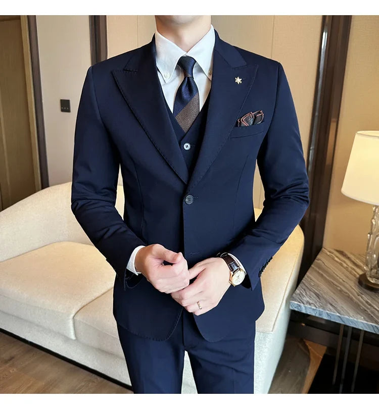(Blazer + Vest + Trousers) 2024 New Men Formal Business Solid Suit 3 Pieces Set Italian Style Luxury Wedding Social Party Tuxedo