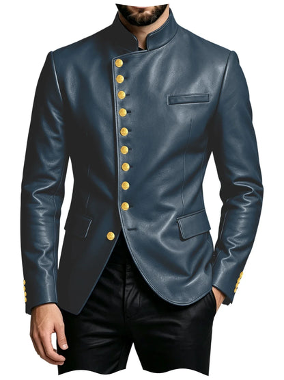 Luxury PU Men's Suit Blazer Single Breasted Stand Collar Slim Fit Leather Jacket Vintage High Quality Business Party Male Tuxedo