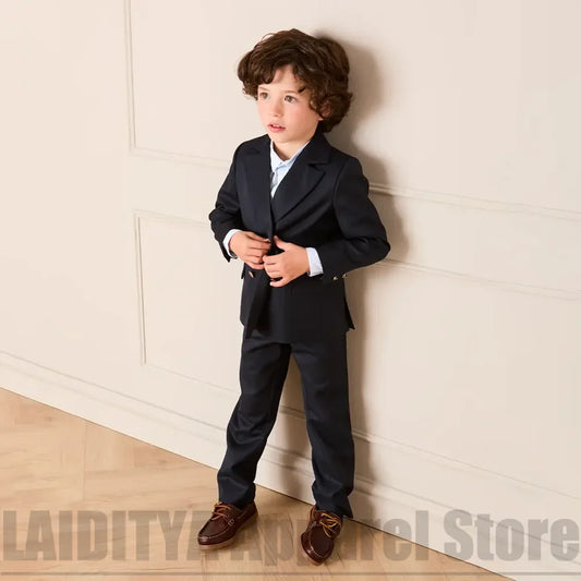 Boys Navy Blue 2 Piece Double Breasted Suit Blazer Pants Kids Formal Wedding Party Piano Performance Flower Boys Tuxedo