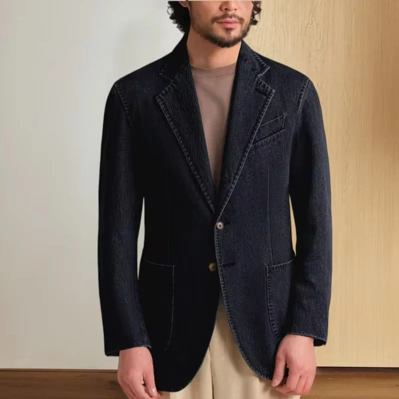 Men's Stretch Denim Blazer Classic Fit Notch Lapel 2 Button Suit Jacket Soft Breathable Business Casual Sport Coat For Spring