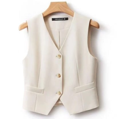 Blazers Vests Women Simple Single Breasted V-neck Sleeveless Coats Daily Outwear Aesthetic Korean Slim All-match Office Lady New