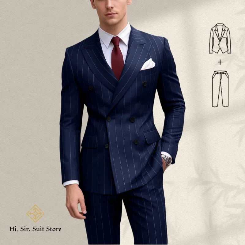 Men's 2-Piece Slim Fit Double-Breasted Striped Suit Set for Men – Wedding, Business & Formal Occasions