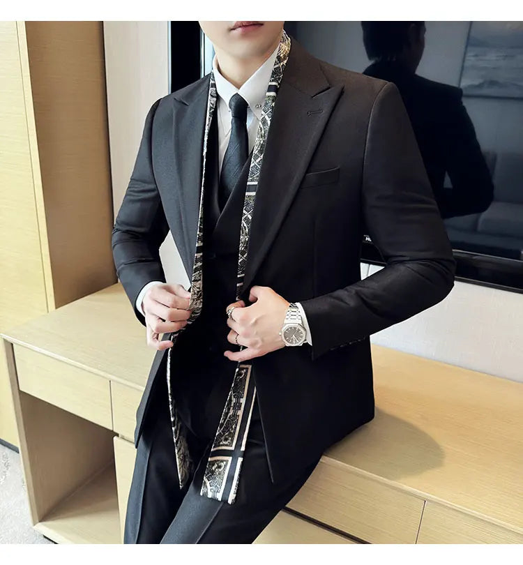 Double Collar Suit Set 3 Pieces Business Formal Casual Suits Vest Trousers Office Work Party Prom Wedding Groomsmen Clothing