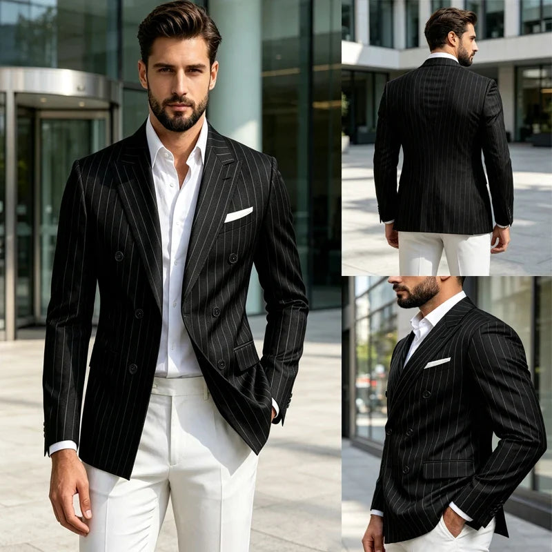 Men Striped Double Breasted Suit Jacket Notch Lapel Business Slim Fit Formal Blazer Elegant Lightweight Dress Coat For Prom Work