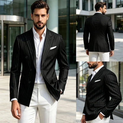 Men Striped Double Breasted Suit Jacket Notch Lapel Business Slim Fit Formal Blazer Elegant Lightweight Dress Coat For Prom Work