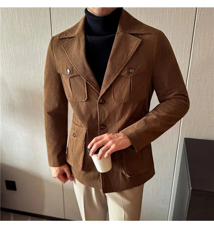 Autumn Winter Corduroy Medium Long Hunting Jacket Men's Fashion Thick Suit Jacket Casual Business Blazers Social Streetwear 2025