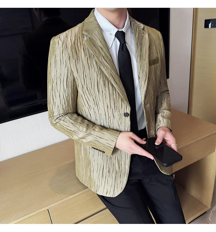 Korean Trend 3D Pleated Suit Jacket for Men Wedding Groom Business Dress Jacket Casual Banquet Party Host Blazer Masculino