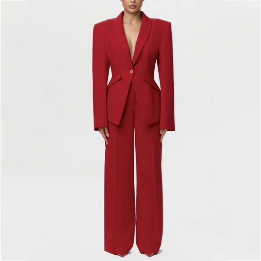 Women Elegant Red Blazer Suit 2 Piece Set Single Button Slim Fitted Jacket Pants Formal Office Wedding Party Lady Fashion Outfit