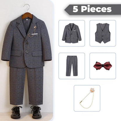 Autumn Handsome Classic Kids Tuxedo 5 Pieces For School Activities Graceful Boys Lapel Suits Wedding Ring Bearer 3-14Y In Stock