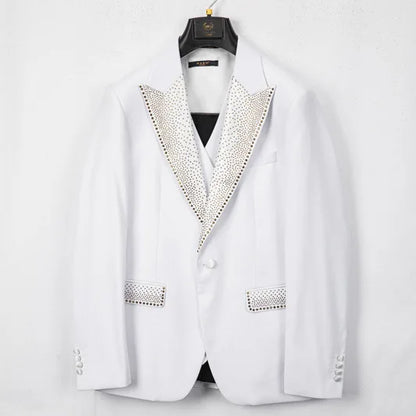 Rhinestone Lapel 3 Piece Suit Set (vest+Blazer+Trousers) Business Formal Casual Suits Wedding Groom Party Stage Men's Suit M-5XL