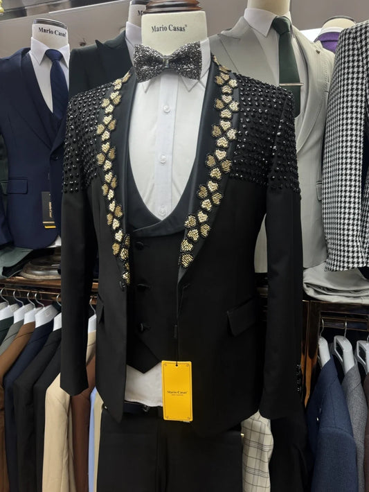 2026 New Sparkling Beaded Crystal Suit Set 3 Pieces For Men,Men's Slim Fit Shawl Lapel Suits Wedding Groom Sets Plus Size S-3XL
