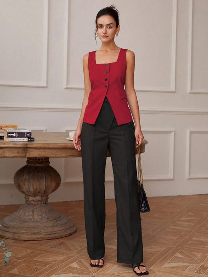 Summer temperament commuter vest vest solid color waistband square collar wide shoulder waistcoat
