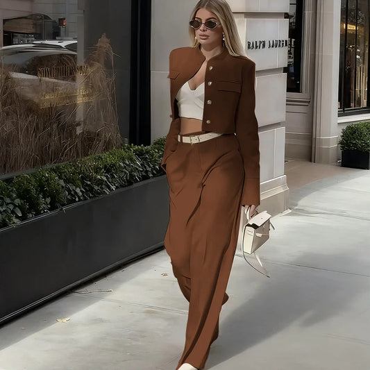 Beige Cropped Blazer Suit Set New Women's Jackets Single Breasted Round Neck Fashion Streetwear Elegant Office Lady Outerwears
