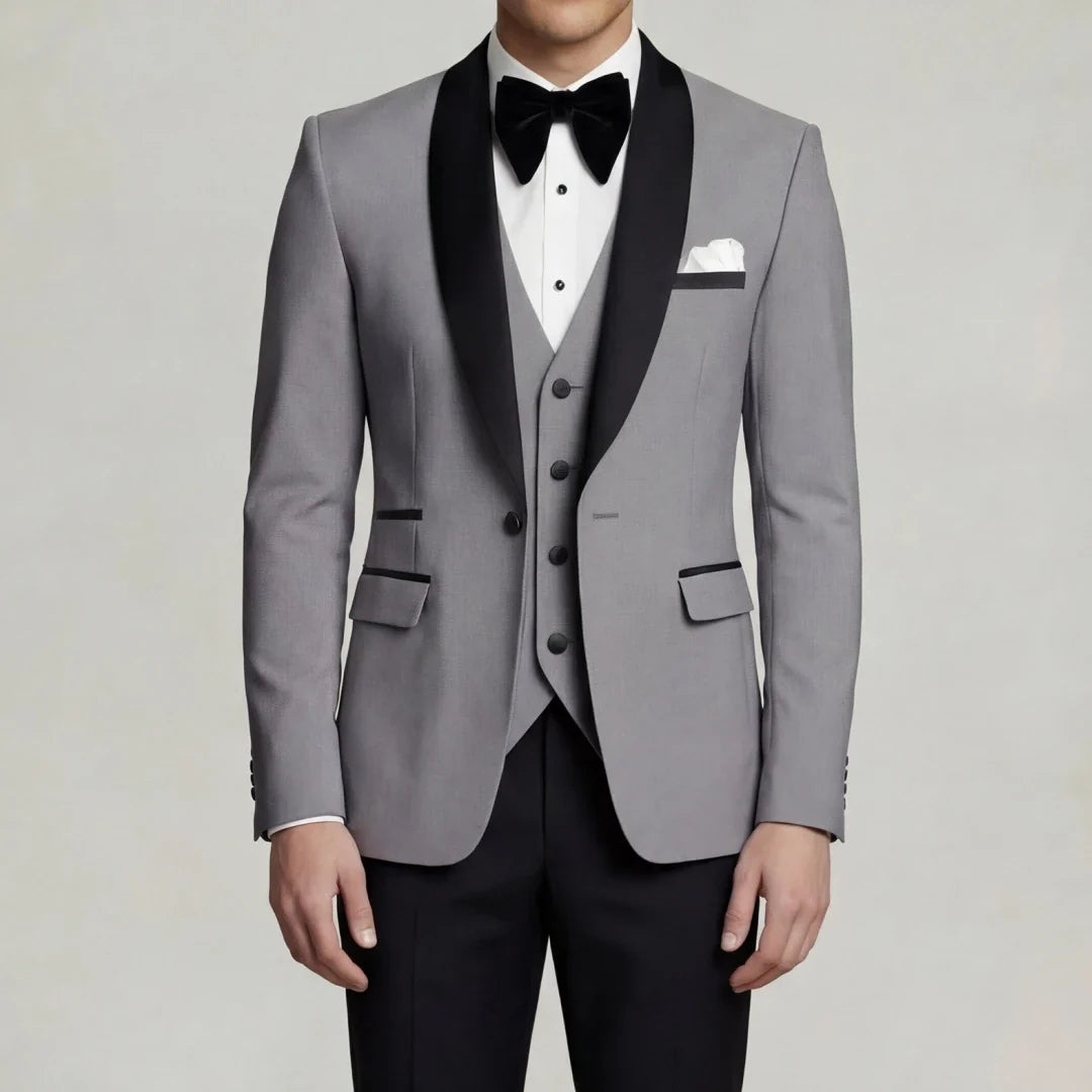 Men Suit 3 Pieces Beige With Black Lapel Slim For Wedding Groom Business Party Prom Banquet Work Office Jacket Vest And Pants