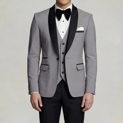 Men Suit 3 Pieces Beige With Black Lapel Slim For Wedding Groom Business Party Prom Banquet Work Office Jacket Vest And Pants