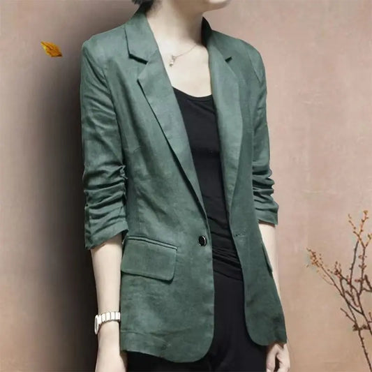 Women's Linen Blazer Casual Slim Fit Single Button Notched Lapel Lightweight Suit Jacket