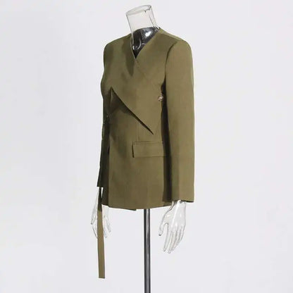 Women Blazer High Street Elegant Punk Stylish V-Neck Lace-Up Trendy Solid Color Cross Irregular Design Suit-Coat New HK3060