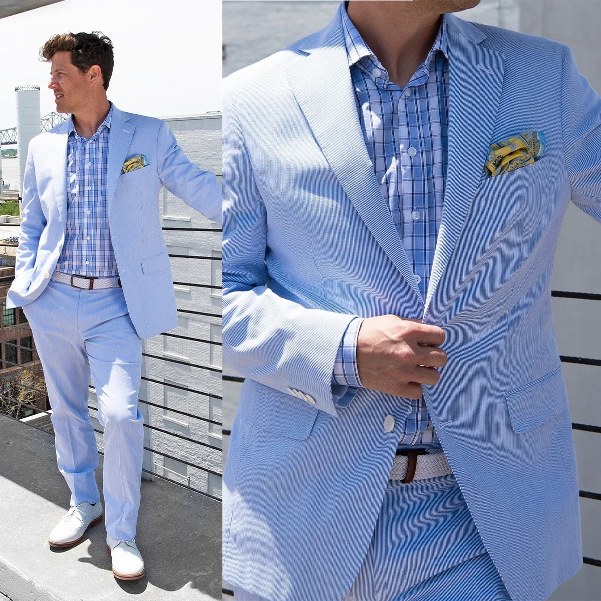 Light Blue Men's Suit 2 Pieces Blazer Pants One Button Peaked Lapel Formal Business Slim Fit New Wedding Groom Costume Homme