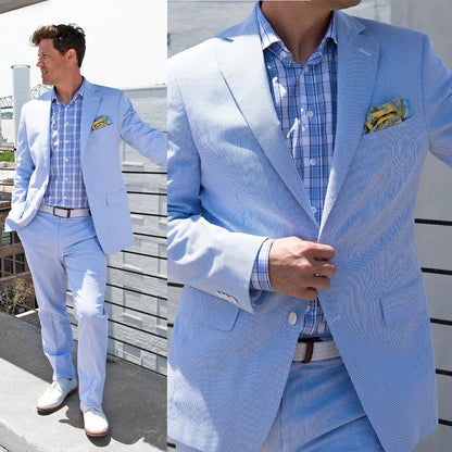 Light Blue Men's Suit 2 Pieces Blazer Pants One Button Peaked Lapel Formal Business Slim Fit New Wedding Groom Costume Homme