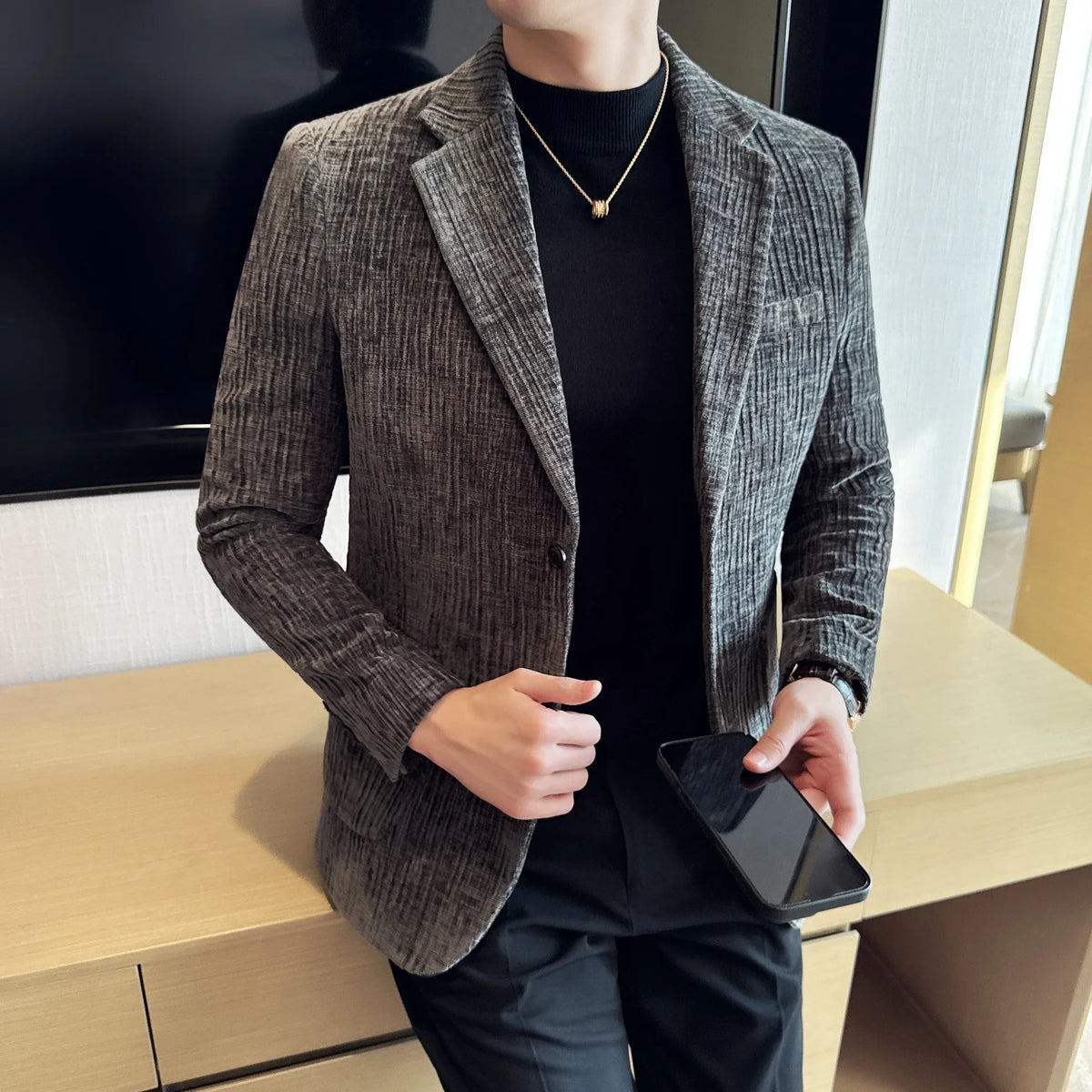 2025 Winter Chenier Thick Suit Jacket for Men Korean Slim Fit Casual Business Men Blazers Wedding Groom Office Social Dress Coat