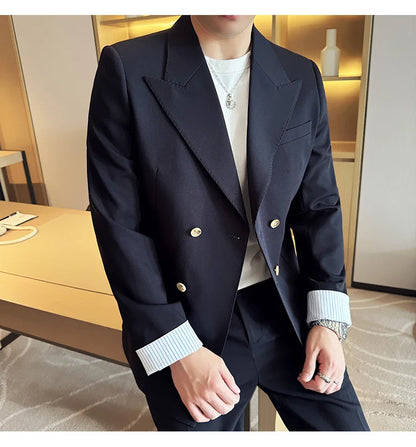 Korean Style Double Breasted Suit Jacket for Men Fashion Casual Business Suit Jackets Office Social Banquet Blazer Masculino