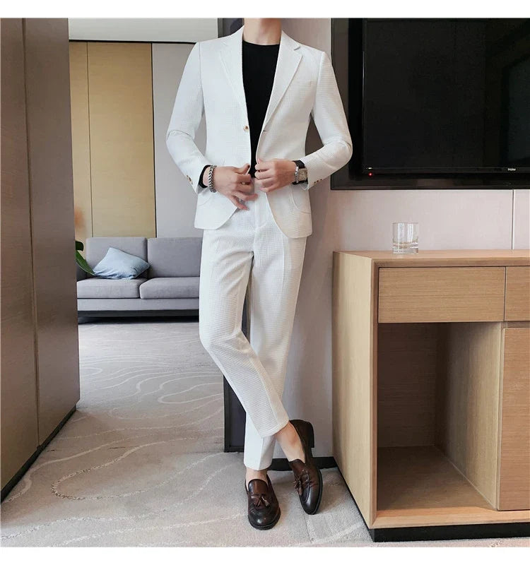 2025 New Waffle Blazers +Pant 2 Piece Set Men Fashion Business Slim Fit Solid Tuxedo Groom Wedding Prom Wear Casual Men's Sets