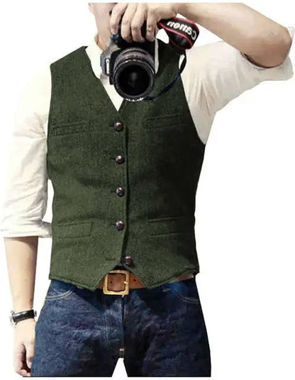Men's Waistcoat Herringbone Wool Blend V-Neck Single Breasted Vest for Weddings and Smart Casual