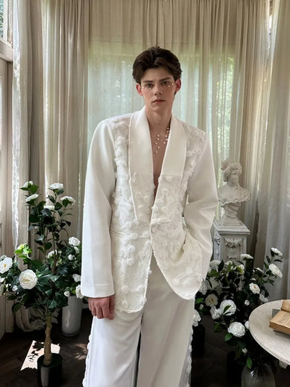 Mens Spliced Flowers Suit Jacket Wide Leg Pants Two Piece Set Loose Fit Spring Summer Designer Elegant Fashion Banquet Suits Set