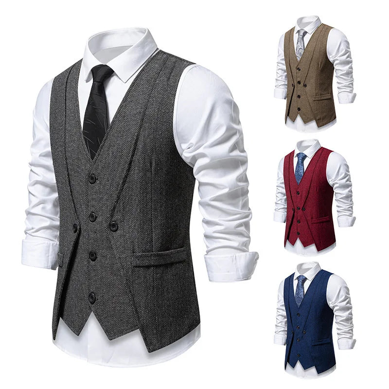 Men's Triple-Breasted Herringbone Tweed Vest – Retro Fake Two-Piece Waistcoat for Weddings & Smart-Casual Occasions