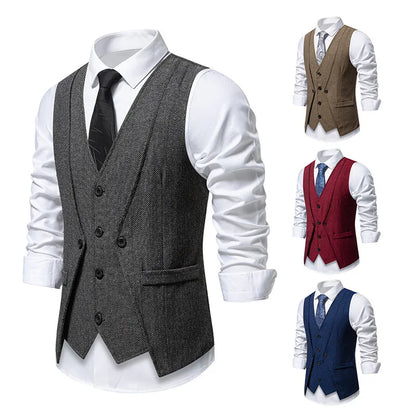 Men's Triple-Breasted Herringbone Tweed Vest – Retro Fake Two-Piece Waistcoat for Weddings & Smart-Casual Occasions