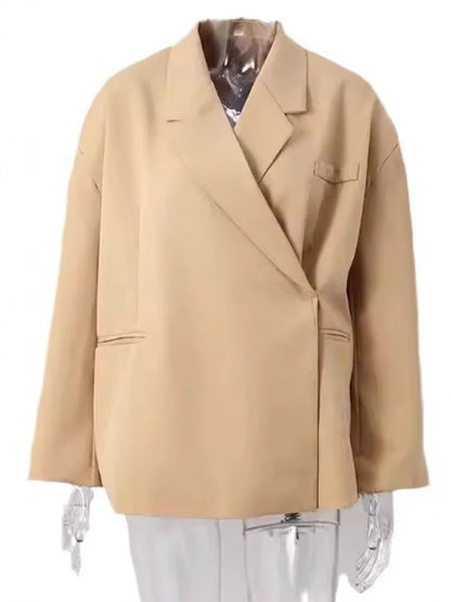 Cross-Border Women's Fashion Color Block Lapel Side Buttoned Suit Jacket Princess Style Loose Fit Long Sleeve Regular Length