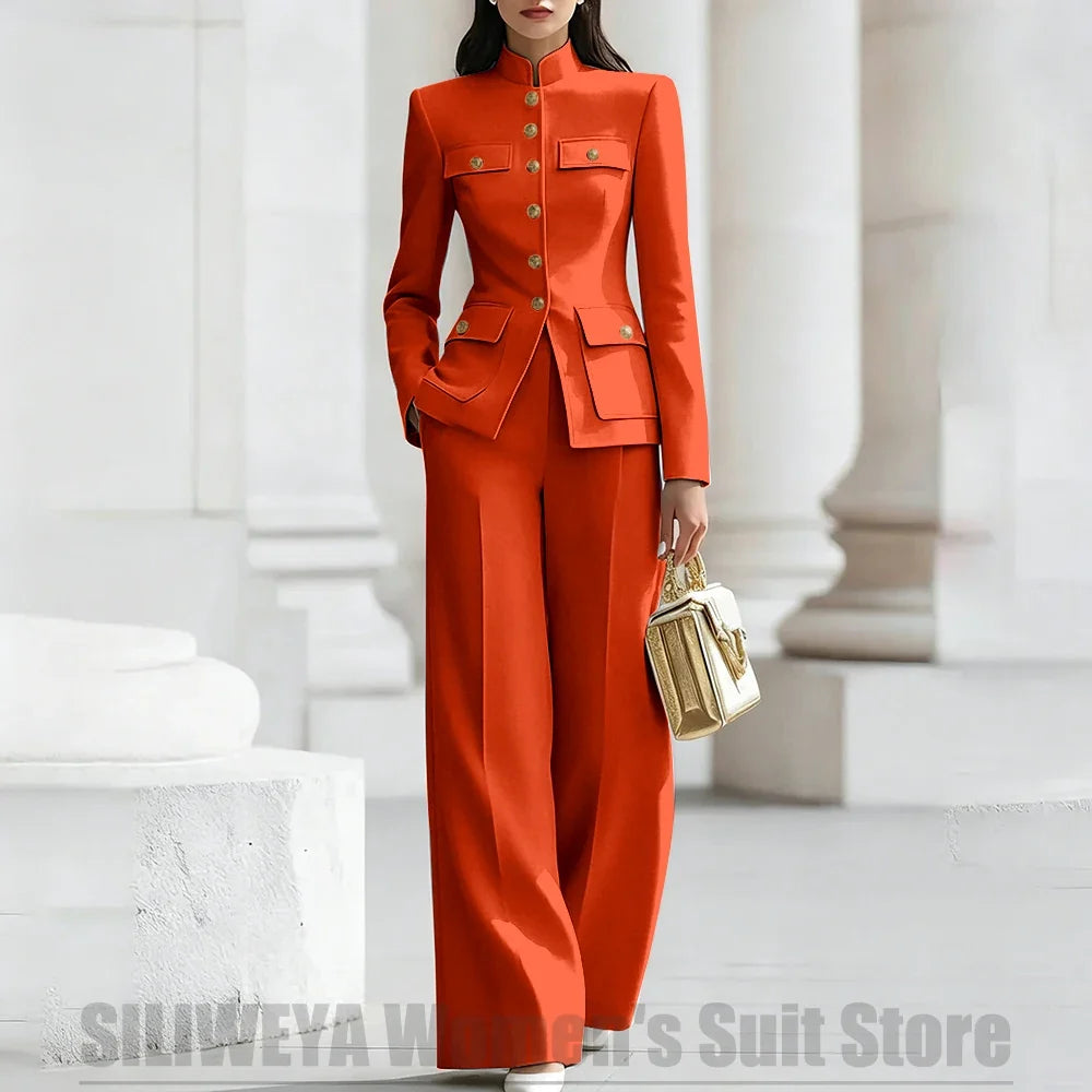 Women's Ivory Suit Mandarin Collar 2 Piece Military Style Gold Buttons Blazer Wide Leg Pants Wedding Party Prom Lady Suits
