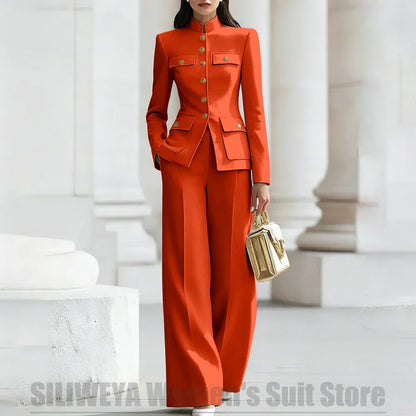 Women's Ivory Suit Mandarin Collar 2 Piece Military Style Gold Buttons Blazer Wide Leg Pants Wedding Party Prom Lady Suits