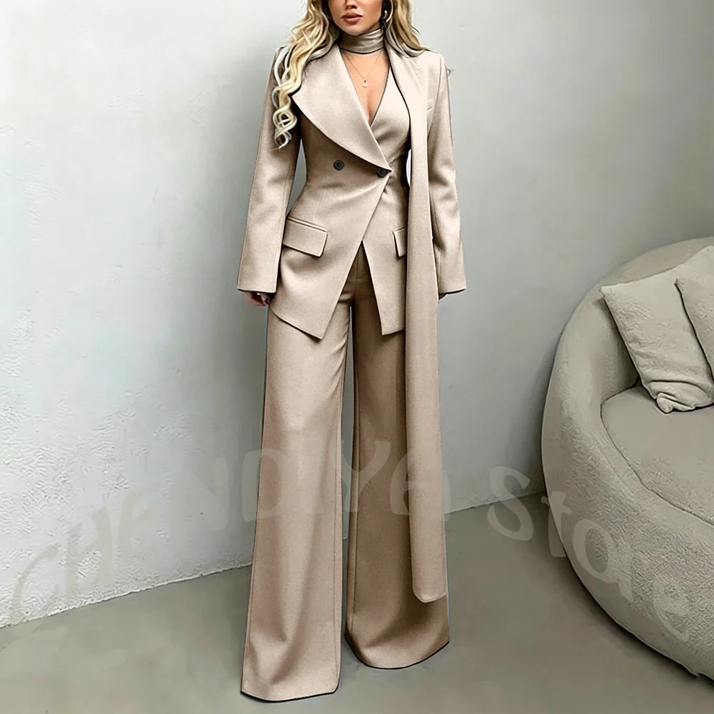 Classic Black Women Suit Set Double Breasted Asymmetrical Blazer Pants with Muffler Formal Office Elegant Two Piece Outfit