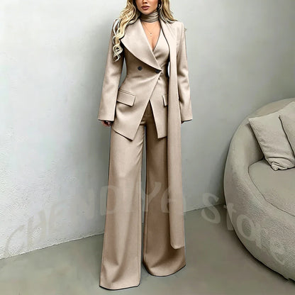 Classic Black Women Suit Set Double Breasted Asymmetrical Blazer Pants with Muffler Formal Office Elegant Two Piece Outfit