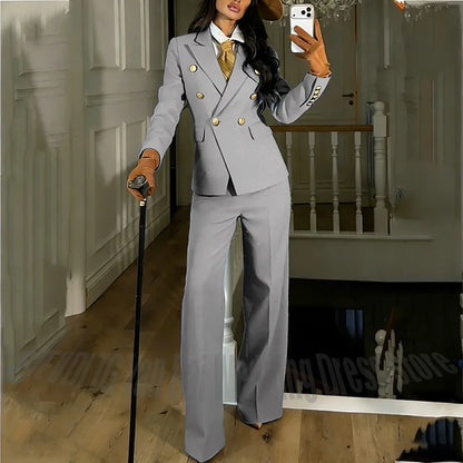 Navy Blue Women's Suit Regular Fitted Customized Peaked Lapel Blazer Professional Outfit(Jacket+Pants) Office Lady Daily Set