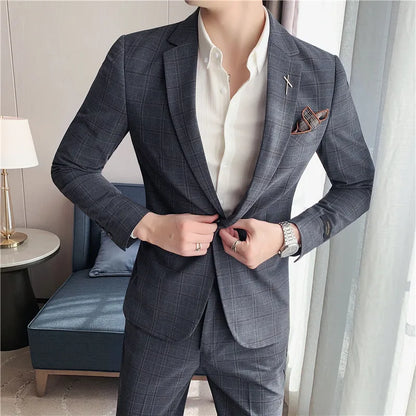 (Jacket+Pant) 2023 Latest Design Check Men Suit Groom Wedding Stage Tuxedos Best Costume Men Business Social Suits 2 Piece Set