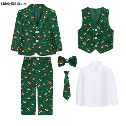 Boys Christmas Blazer Jacket Waistcoat Pants Wedding Suits Kids Morning Coat Formal Dress Children Tuxedos Toddler Clothes Sets