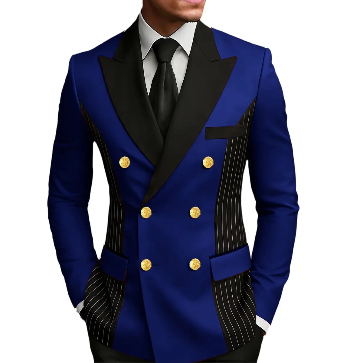 Men's Double Breasted Blazer Striped Patchwork Peak Lapel Slim Fit Formal Wedding Suit Jacket
