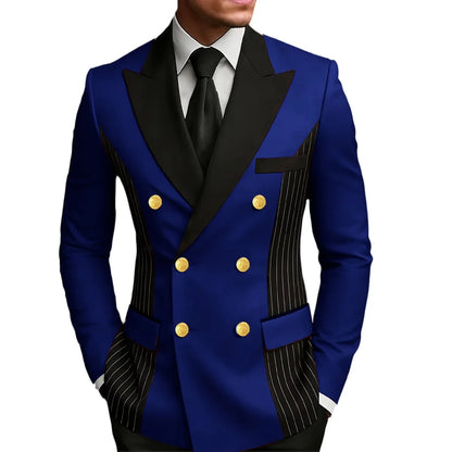 Men's Double Breasted Blazer Striped Patchwork Peak Lapel Slim Fit Formal Wedding Suit Jacket