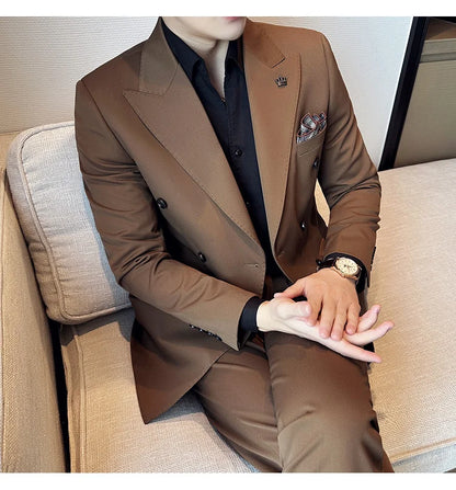 (Blazer + Trousers) Fashion Double Breasted Design Slim Men's Suit Italian Style Luxury Wedding Social Party Tuxedo 2 Piece Set