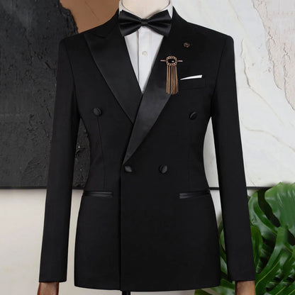 Men Suit Black 2 Piece Double Button With Bright Lapel For Wedding Groom Birthday Party Banquet Business Work Suit Jacket Pants