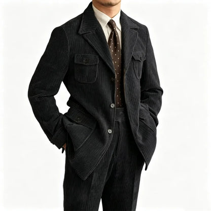 Men's Retro Corduroy 2 Pieces Suit Multi Flap Pockets Safari Blazer Matching Trousers For Formal Daily Party Wedding Business