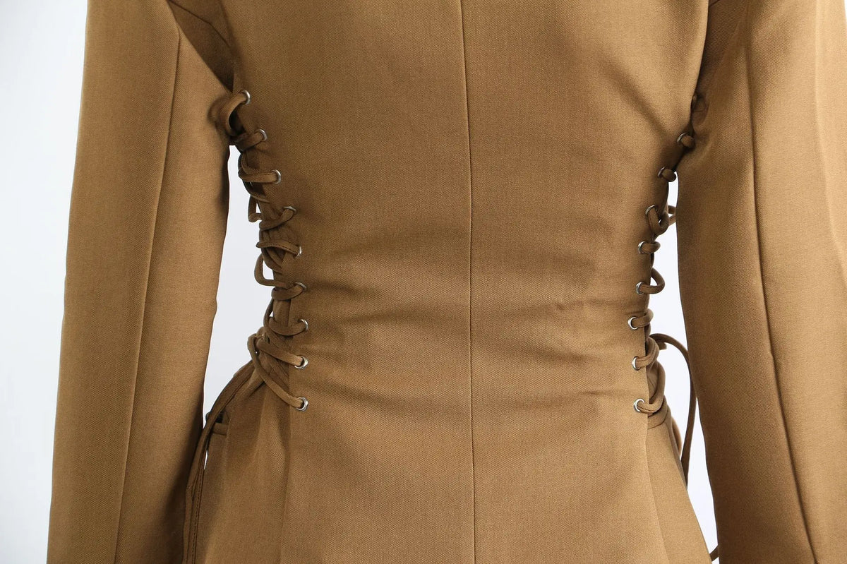 Spring Autumn New Women Blazer Notched Collar Single Button Lace-Up Waist Cinching Slim Fit Elegant Fashion Jackets HK13264