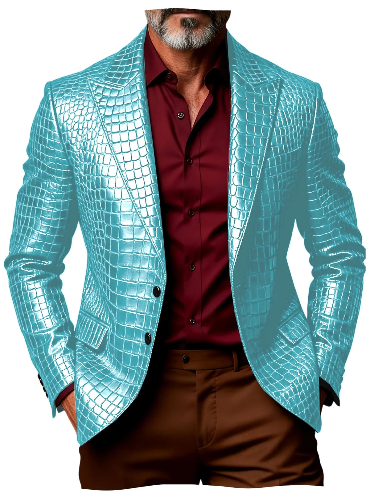 Luxury Men's Crocodile Pattern PU Leather Blazer Notch Lapel Single-Breasted 2 Button Slim Fit Jacket Business Casual for Man
