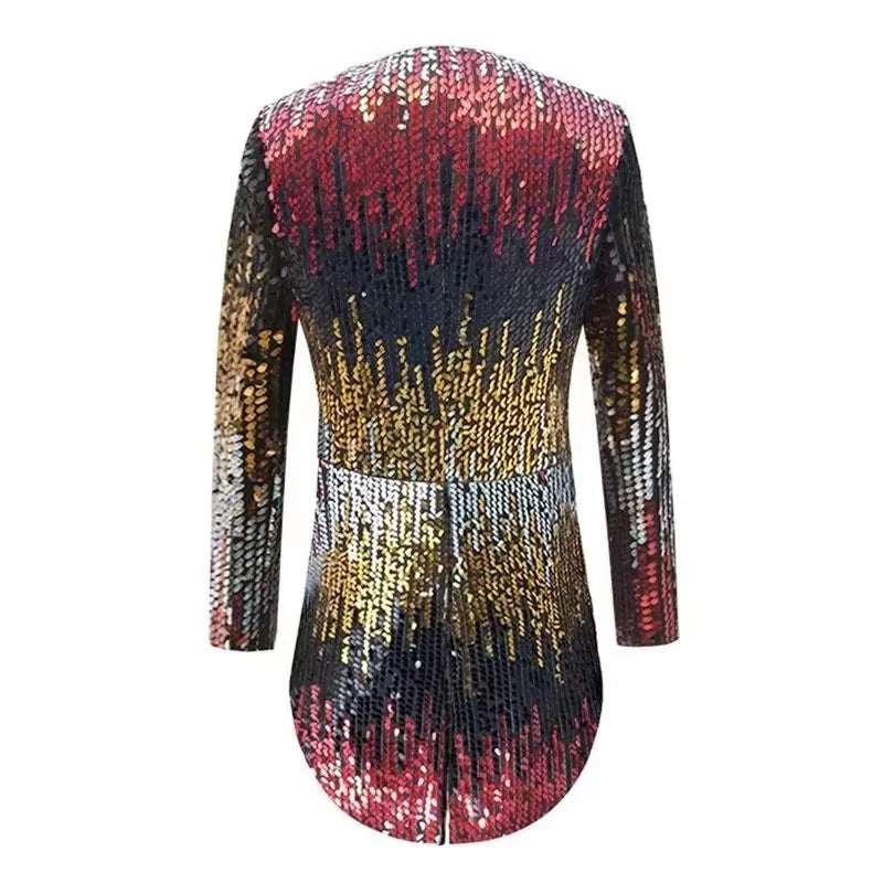 Men's Sequin Swallowtail Tailcoat Host Suit Jacket Long Party Coat Magician Stage Performance Chorus Evening Singer Black