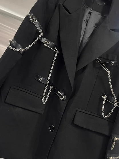 Fashion Chain Pin Design Women Blazers Black Suit Jacket Loose Fit Classic Shoulder Padded Coat Lapel Autumn Banquet Outerwear