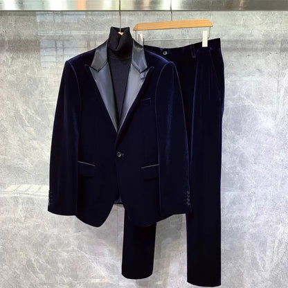 High Quality Autumn Business Men Banquet Formal Suit Slim Fit Velvet Blazer Jacket Pants Two Piece Set Groom Wedding Dress Suits