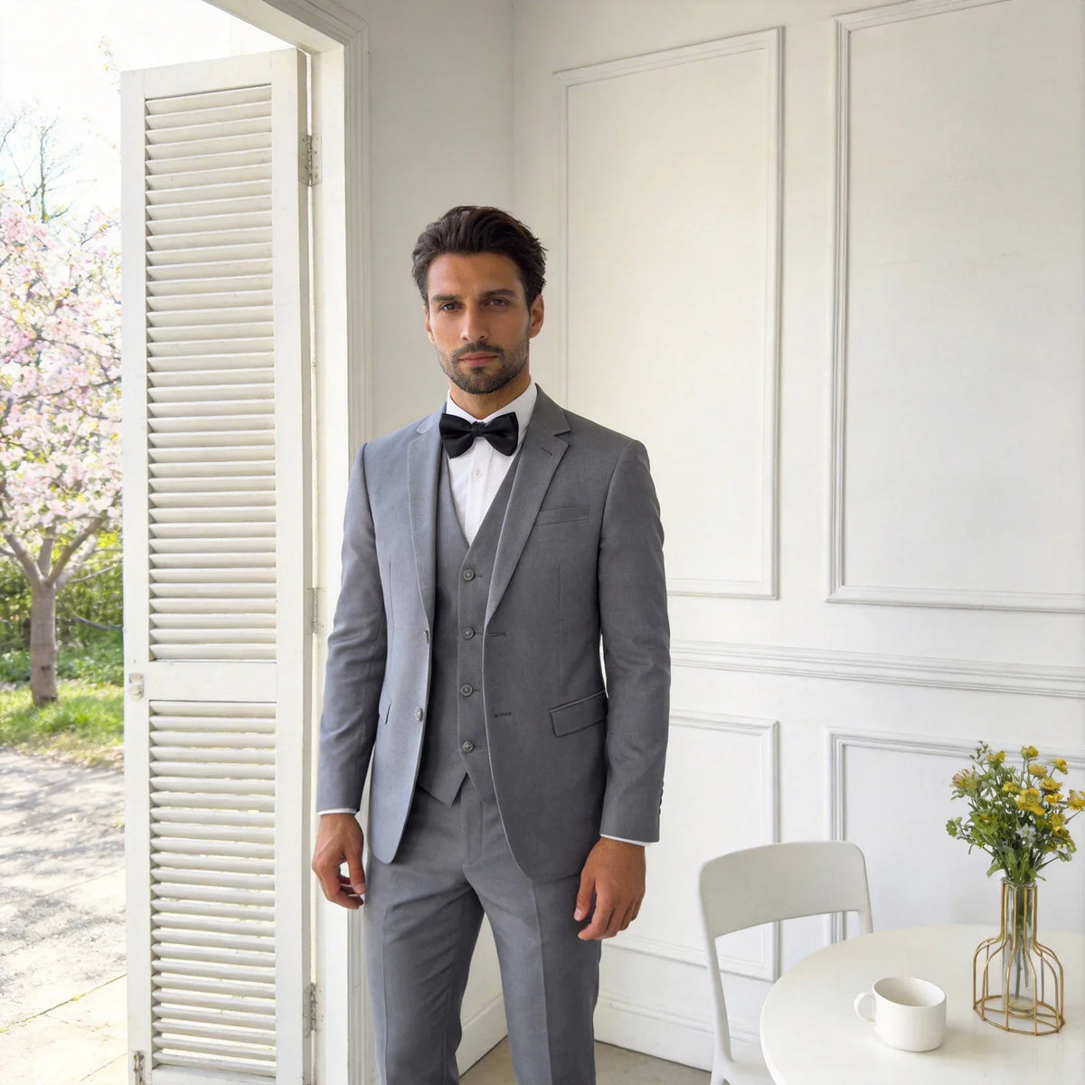 Leisure Grey Men's Suit 3 Pieces Blazer Vest Pants Bow Collar Lapel Slim Fit Wedding Tuxedos Work Business Formal Customized
